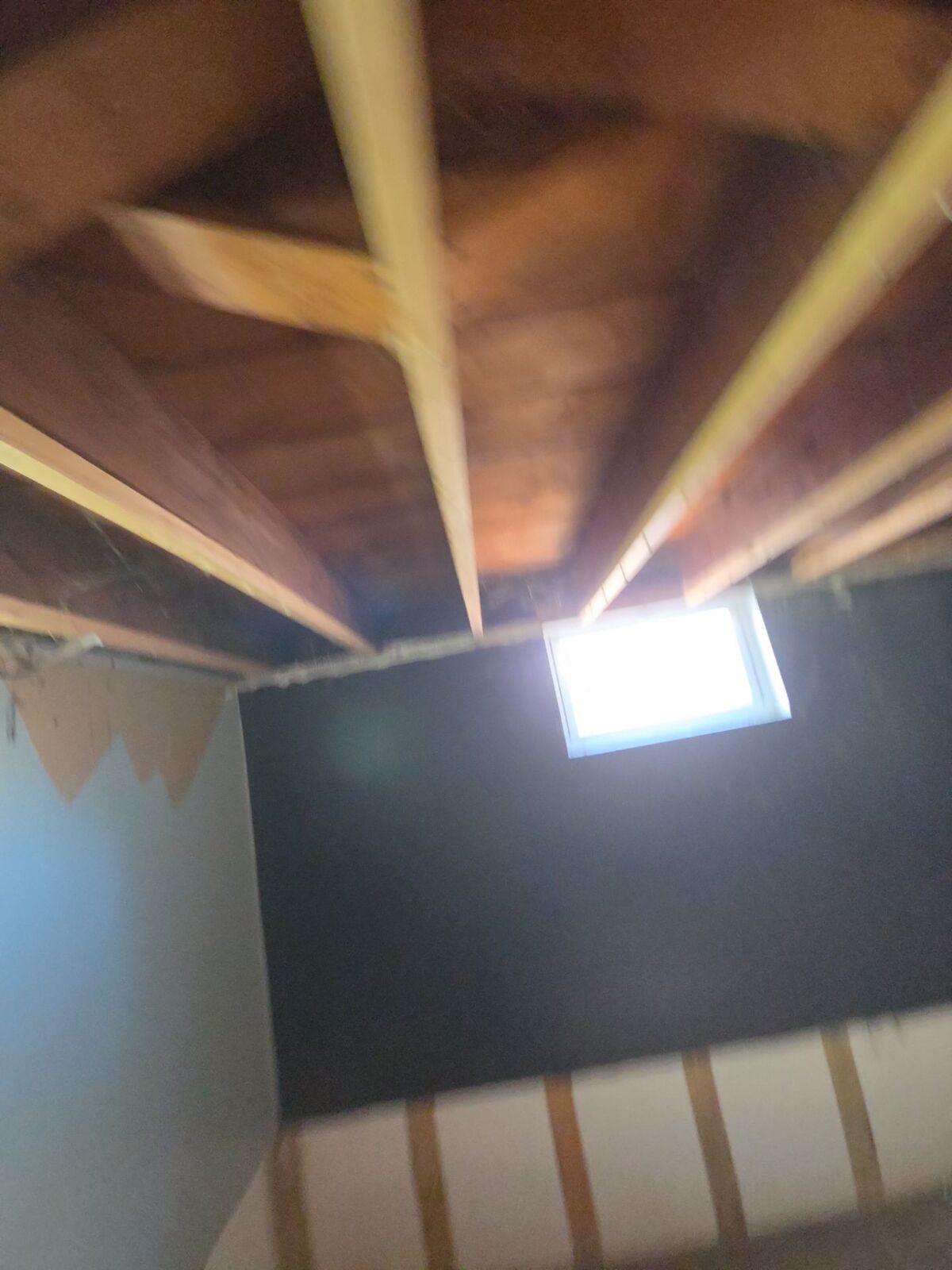 Exposed ceiling joists after damaged drywall was removed