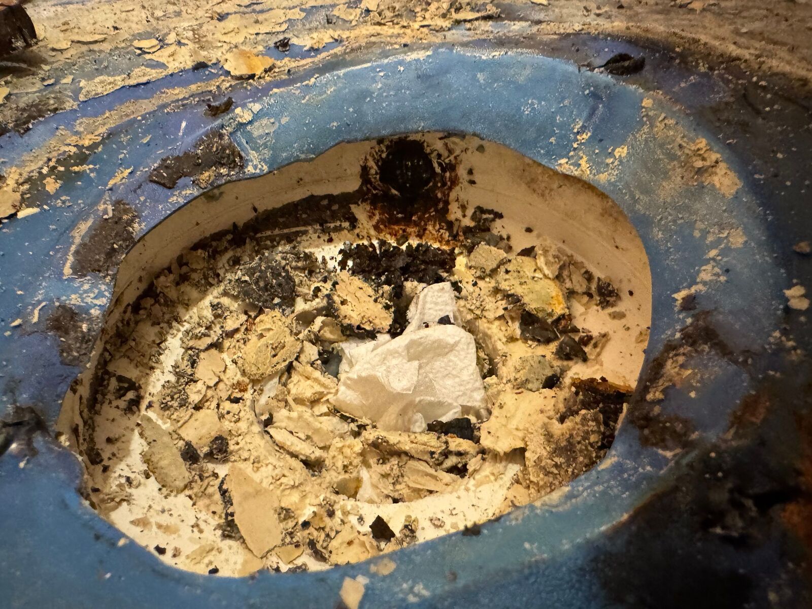 Corroded drain flange surrounded by water-damaged subfloor