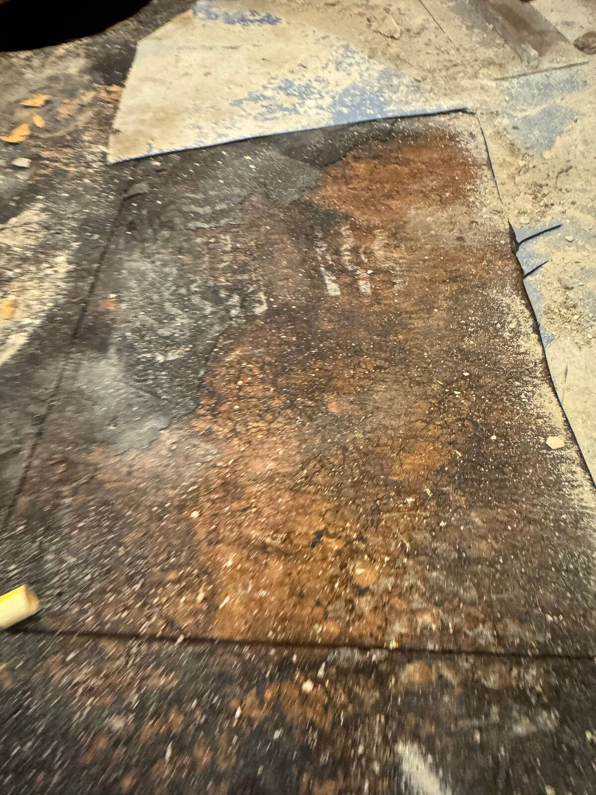 Water-stained and deteriorated wood subfloor exposed after flooring was removed